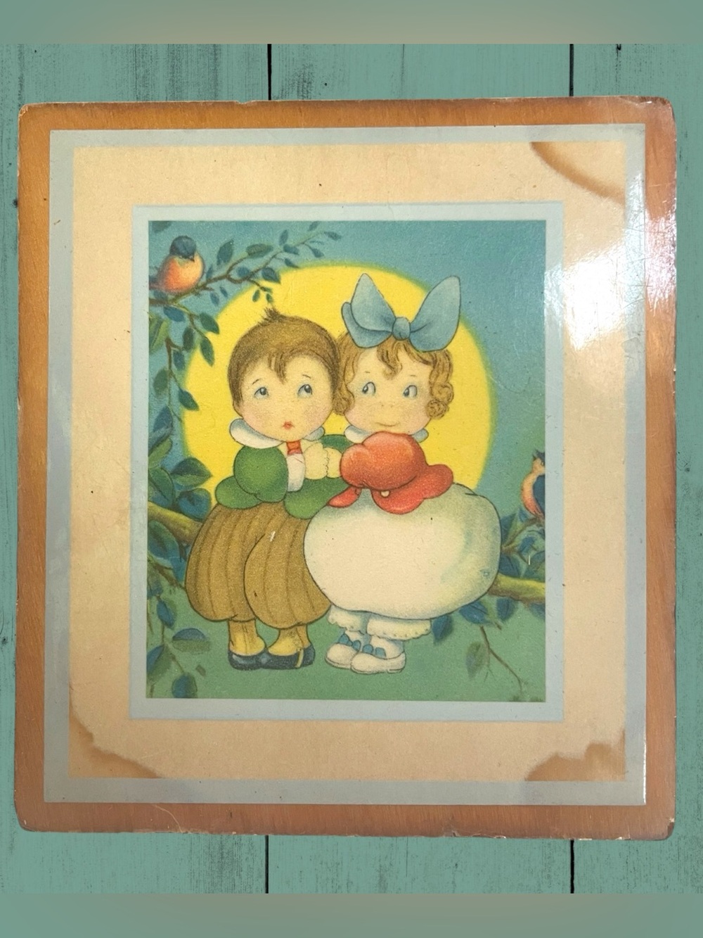 Vintage 1930’s Print On Wood Plaque Cute Children Boy & Girl  4.5”x 4”